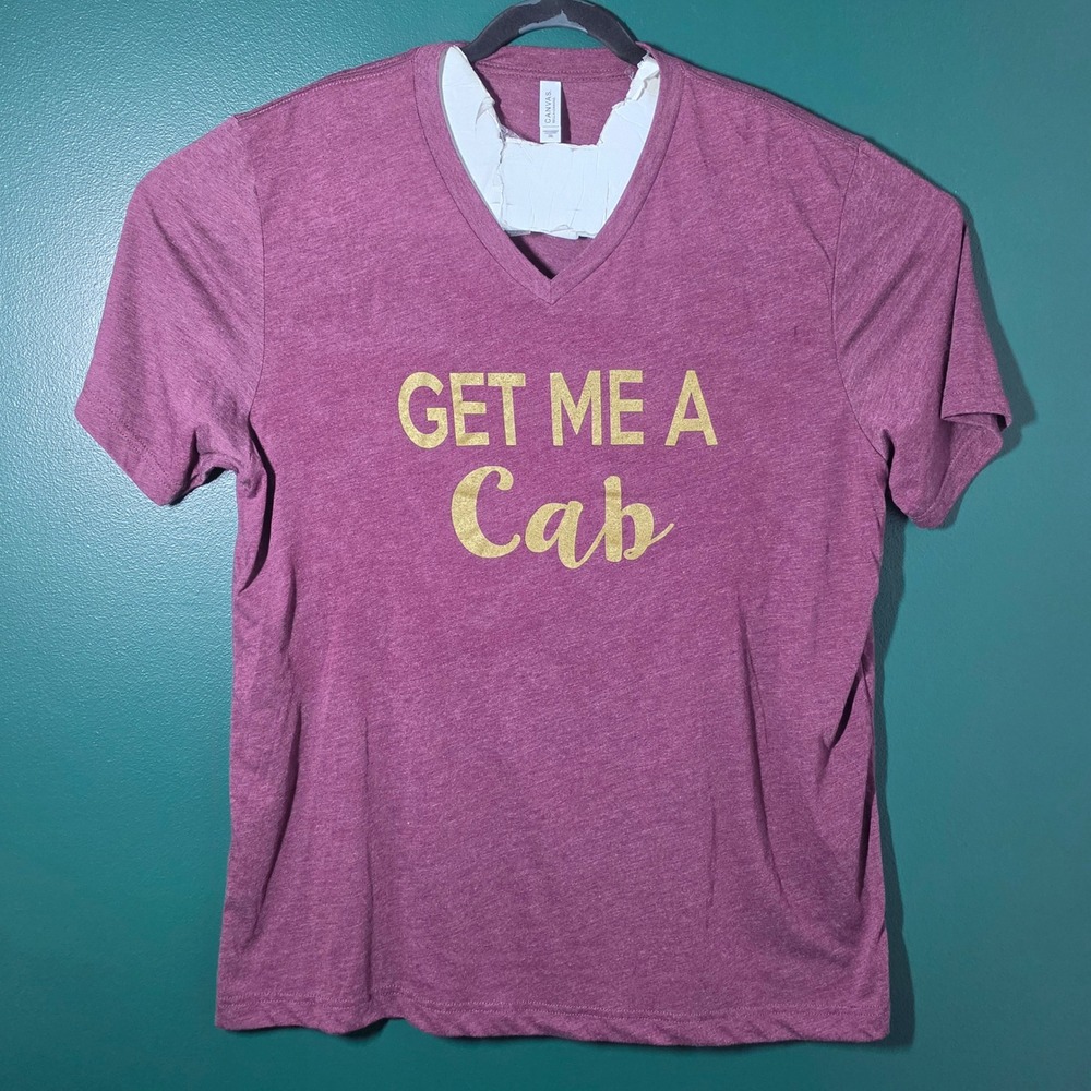Bella Canvas Get Me A Cab Graphic V-Neck T-Shirt Maroon Gold Mens 2XL XXL